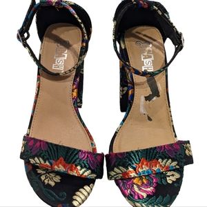 Brash Black Metallic Floral Brocade Print Open Toe Sandal Chunky Heal Size 5